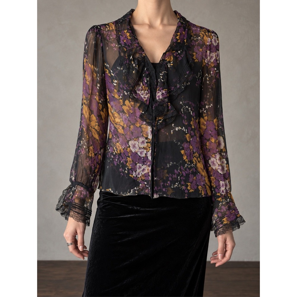 100% Silk Blouse Dark Romantic Floral Ruffle Sheer Victorian Gothic Fairy Y2K M